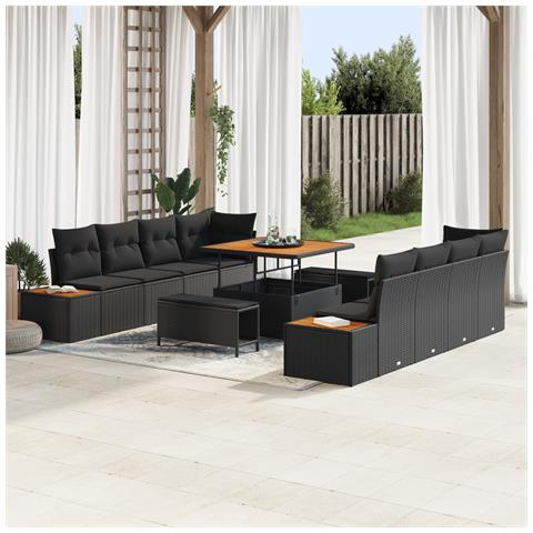 Set di 11 Pezzi di Divano da Giardino con Cuscini Rattan Nero Acacia, Set da Pranzo da Giardino con 3 Pezzi e Cuscini Rattan Nero Acacia - Foto 2