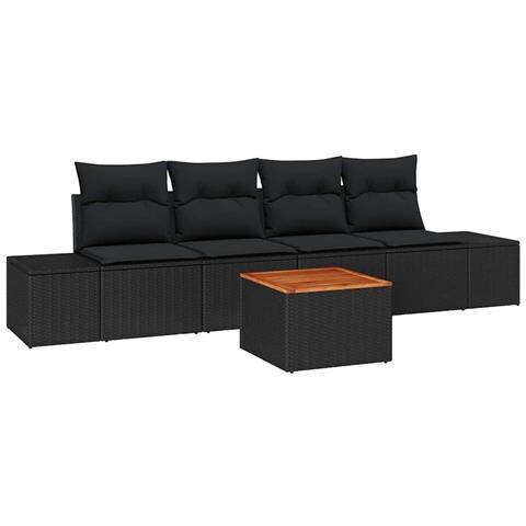 Set divani giardino 5 pezzi con cuscini in polirattan nero e acacia - Foto 1