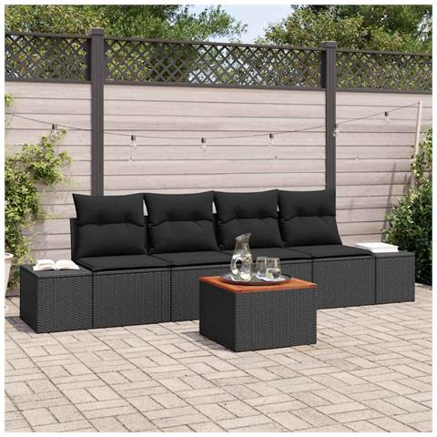 Set divani giardino 5 pezzi con cuscini in polirattan nero e acacia - Foto 2