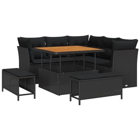 Set Divano da Giardino 8 Pezzi con Cuscini Nero Polyrattan Acacia,  Set da Pranzo da Giardino 3 Pezzi con Cuscini Nero Polyrattan Acacia - Foto 1