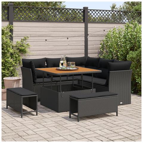 Set Divano da Giardino 8 Pezzi con Cuscini Nero Polyrattan Acacia,  Set da Pranzo da Giardino 3 Pezzi con Cuscini Nero Polyrattan Acacia - Foto 2