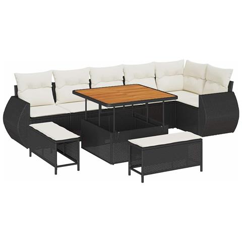 Set Divano Giardino 9 Pezzi con Cuscini Polyrattan Nero e Acacia, Set da Pranzo Giardino 3 Pezzi con Cuscini Polyrattan Nero e Acacia - Foto 1