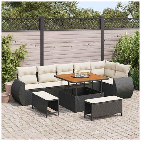 Set Divano Giardino 9 Pezzi con Cuscini Polyrattan Nero e Acacia, Set da Pranzo Giardino 3 Pezzi con Cuscini Polyrattan Nero e Acacia - Foto 2