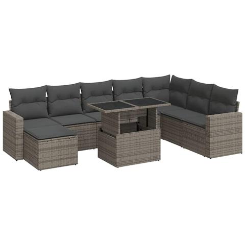 Set Divano da Giardino 9 pz con Cuscini Grigio in Polyrattan - Foto 1