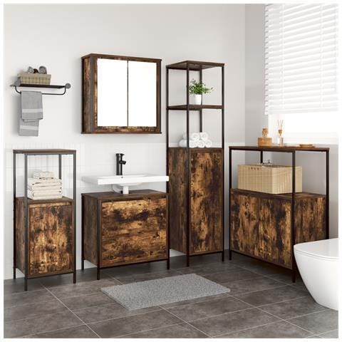 Set di mobili da bagno 5 pezzi in legno ingegnerizzato rovere affumicato - Foto 2