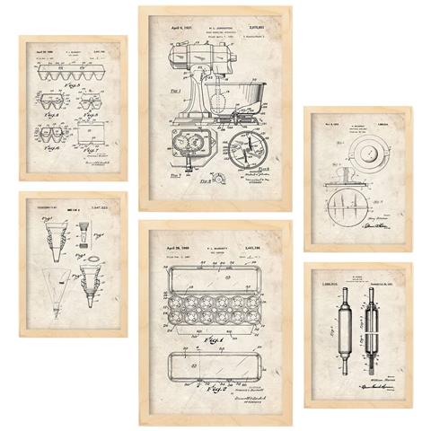 Set Di 6 Stampe Con Brevetti Di Elettrodomestici Da Cucina Poster Con Immagini Di Brevetti Retrò Design Di Interni In Stile Vintage A3 & A4 Telaio In Legno Chiaro - Foto 1