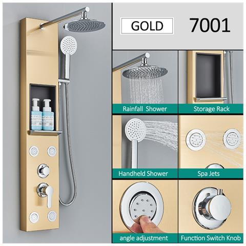 Pannello doccia, Blackswan, modello M7001 oro con soffione, ripiano portaoggetti e funzioni SPA, dimensioni 111 cm - Foto 2