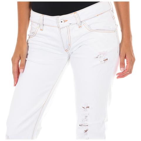 Pantaloni Lunghi In Denim Con Effetto Strappato E Orli Stretti E014152 Donna - Foto 3