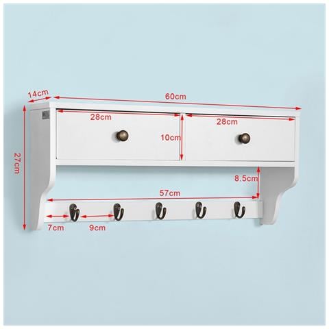 Portachiavi Da Parete, Appendiabiti A Muro, Bianco, l60cm, frg178-w - Foto 2