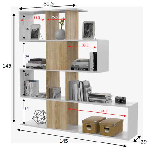 Libreria Decorativa E Funzionale Con Cinque Scomparti, Colore Bianco Con Inserti Color Rovere, Misure 145 X 145 X 29 Cm - Foto 5