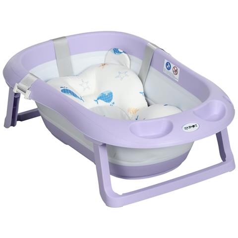 Vaschetta Bagnetto Pieghevole Bambini 0-6 Anni Con Cuscino E 2 Ripiani, 83x48x23.5 Cm, Viola E Bianco - Foto 1