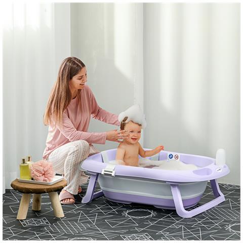 Vaschetta Bagnetto Pieghevole Bambini 0-6 Anni Con Cuscino E 2 Ripiani, 83x48x23.5 Cm, Viola E Bianco - Foto 2