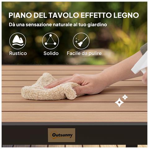 Tavolo da Giardino per 4 Persone in Alluminio e Plastica, Nero e Color Legno - Foto 1