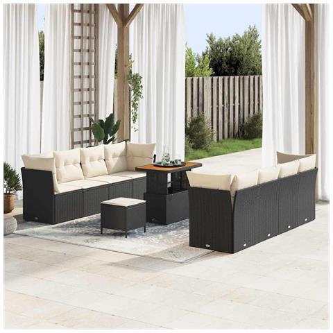 Set di 11 pezzi di divano da giardino in polyrattan nero e acacia,  Set da pranzo da giardino di 3 pezzi in polyrattan nero e acacia - Foto 2