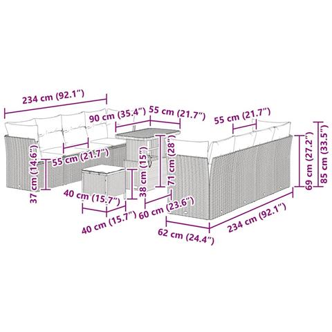 Set di 11 pezzi di divano da giardino in polyrattan nero e acacia,  Set da pranzo da giardino di 3 pezzi in polyrattan nero e acacia - Foto 9
