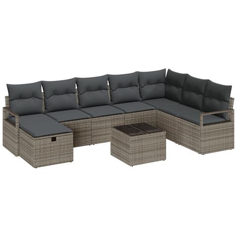 Set di Divani da Giardino a 9 Pezzi con Cuscini Rattan Grigio,  Divano da Giardino a 2 Posti con Cuscini Rattan Grigio - Foto 1
