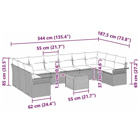 Set Divano da Giardino 11 Pezzi con Cuscini Beige Rattan Acacia - Foto 9