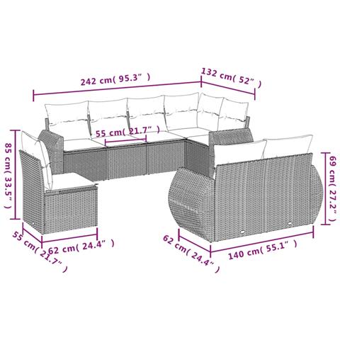Set Divano da Giardino 8pz con Cuscini Grigio Chiaro Polyrattan - Foto 3