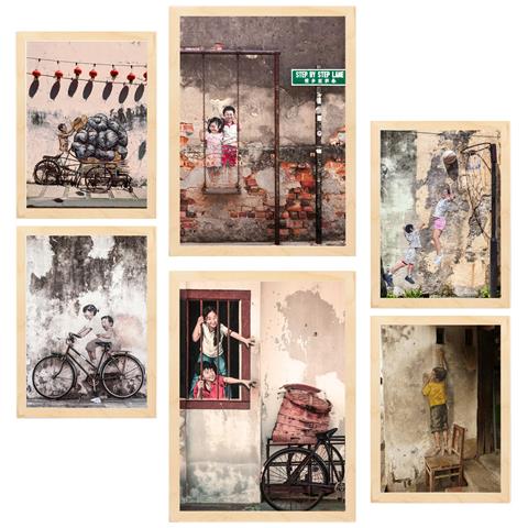 Set Di 6 Stampe Pittura Decorativa Graffiti Street Art Stencil Colorato Vietnam Incorniciato Con Illustrazioni A3 & A4 Telaio In Legno Chiaro - Foto 1