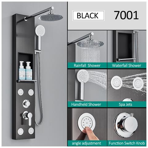 Pannello doccia, Blackswan, modello M7001 nero con soffione, ripiano portaoggetti e funzioni SPA, dimensioni 111 cm - Foto 2