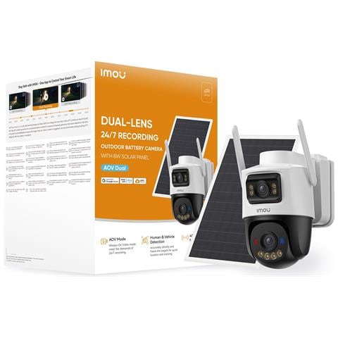 AOV Dual KIT Telecamera da esterno, motorizzata, 4G e Wi-Fi a batteria ricaricabile con doppia ottica, risoluzione 5MP + 5MP, sirena integrata e faretti, deterrenza attiva con luci rosse e blu, rilevamento movimento /umano, visione notturna a colori, comunicazione bidirezionale, Wi-Fi a 2.4GHz registrazione eventi continua su Micro SD fino a 512Gb - NVR o Cloud. Resistente alle intemperie IP66. Certificazione GDPR. Il Kit comprende il pannello solare da 8W, una SIM Dati 4G ed una SD da 128Gb - Foto 1