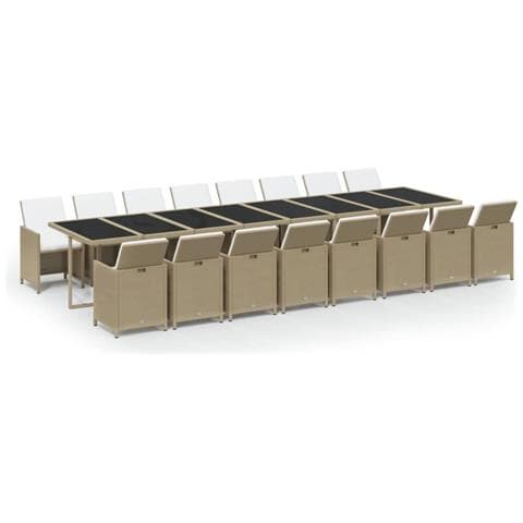 Set Da Pranzo Per Giardino 17pz Con Cuscini In Polyrattan Beige - Foto 1
