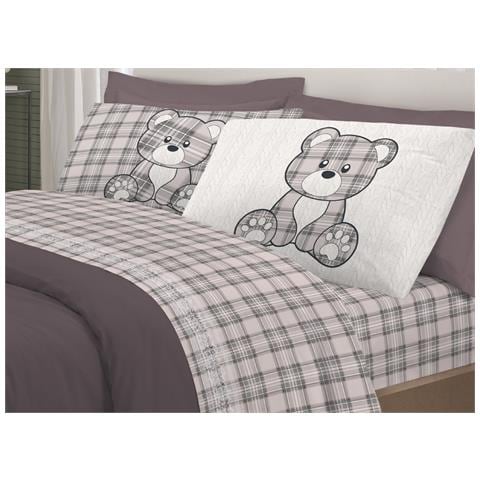 Completo Lenzuola Flanella Pensieri Delicati 100% Cotone Disegno Orsetto Tartan Singolo Grigio - Foto 1