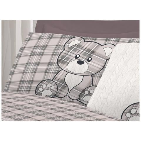 Completo Lenzuola Flanella Pensieri Delicati 100% Cotone Disegno Orsetto Tartan Singolo Grigio - Foto 5