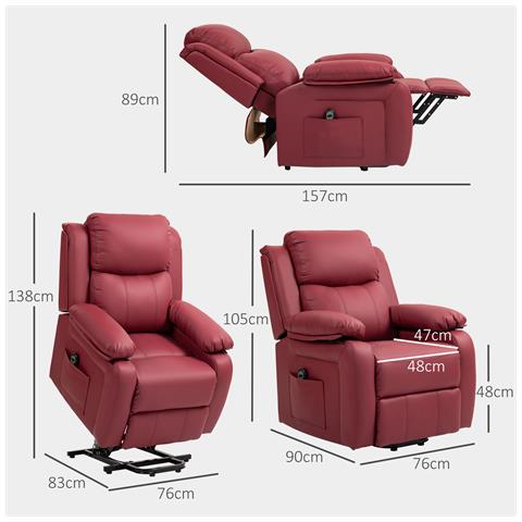 Poltrona Alzapersona Reclinabile con Poggiapiedi e Telecomando, in Pelle PU, 76x90x105 cm, Rosso - Foto 2