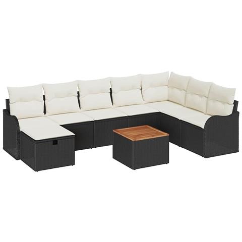 Set di Divani da Giardino a 9 Pezzi con Cuscini Rattan Nero, Divano da Giardino a 2 Posti con Cuscini Rattan Nero - Foto 1