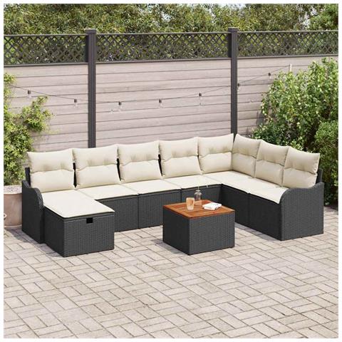 Set di Divani da Giardino a 9 Pezzi con Cuscini Rattan Nero, Divano da Giardino a 2 Posti con Cuscini Rattan Nero - Foto 2