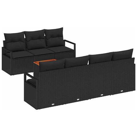 Set Divano da Giardino 8 Pezzi con Cuscini Nero Polyrattan Acacia, Divano da Giardino 2 Posti con Cuscini Nero Polyrattan - Foto 1