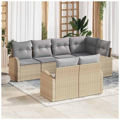 Set divano da giardino da 7 pezzi con cuscini in poli rattan beige - Foto 2