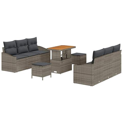 Set Divano Giardino 9 Pezzi con Cuscini Rattan Grigio Acacia,  Divano Giardino 2 Posti con Cuscini Rattan Grigio,  Set Giardino 3 Pezzi con Cuscini Rattan Grigio Acacia - Foto 1
