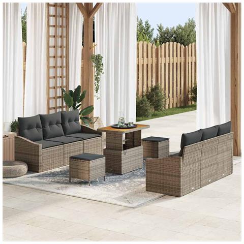 Set Divano Giardino 9 Pezzi con Cuscini Rattan Grigio Acacia,  Divano Giardino 2 Posti con Cuscini Rattan Grigio,  Set Giardino 3 Pezzi con Cuscini Rattan Grigio Acacia - Foto 2