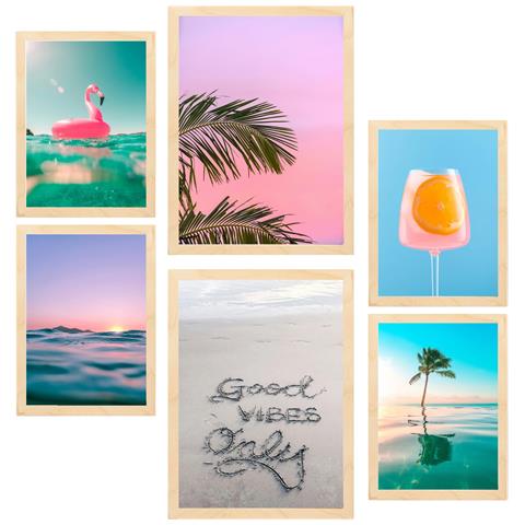 Set Di 6 Stampe Dipinto Decorativo Con Colori Vivaci Estivi Da Spiaggia Incorniciato Con Illustrazioni Di Design Per Le Pareti A3 & A4 Telaio In Legno Chiaro - Foto 1