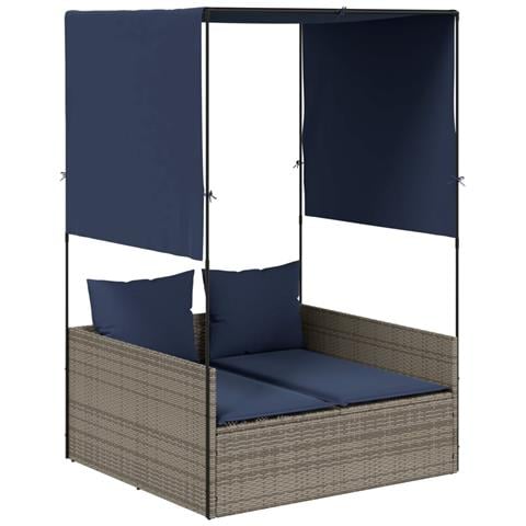 Lettino prendisole doppio con tettoia e tende in Polyrattan Grigio - Foto 1
