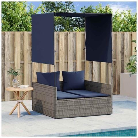 Lettino prendisole doppio con tettoia e tende in Polyrattan Grigio - Foto 2