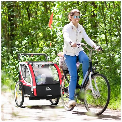 Rimorchio Bici Per Bambini Passeggino, Design 2 In 1 Con Freno, Cintura A 5 Punti E Tasche Laterali, Riflettori, 116-142lx75px101acm, Multicolore - Foto 2