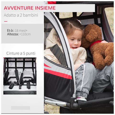 Rimorchio Bici Per Bambini Passeggino, Design 2 In 1 Con Freno, Cintura A 5 Punti E Tasche Laterali, Riflettori, 116-142lx75px101acm, Multicolore - Foto 6