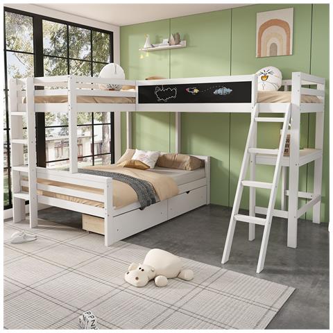 Letto A Castello Per Bambini Con Cassetti E Scrivania, Letto Triplo In Legno Di Pino, Con Ripiano, 140x200cm*1+90x200cm*2, Bianco, Senza Materasso - Foto 2