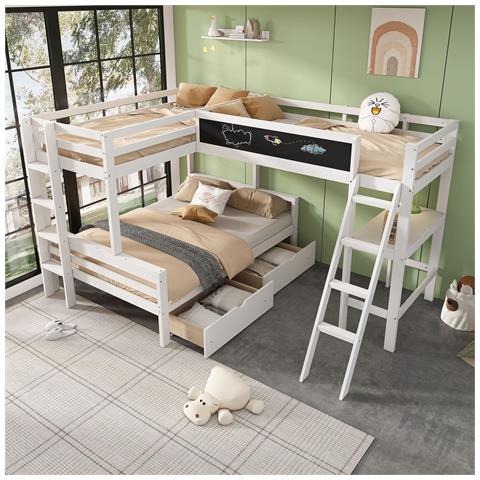 Letto A Castello Per Bambini Con Cassetti E Scrivania, Letto Triplo In Legno Di Pino, Con Ripiano, 140x200cm*1+90x200cm*2, Bianco, Senza Materasso - Foto 1