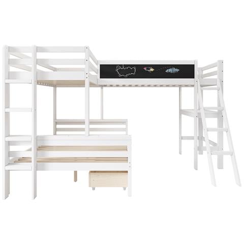 Letto A Castello Per Bambini Con Cassetti E Scrivania, Letto Triplo In Legno Di Pino, Con Ripiano, 140x200cm*1+90x200cm*2, Bianco, Senza Materasso - Foto 4