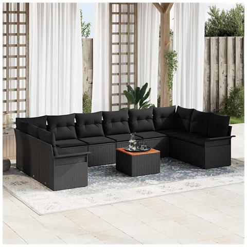 Set di 11 Pezzi Divano da Giardino con Cuscini Nero Polyrattan Acacia, Divano da Giardino per 2 Persone con Spazio di Stoccaggio e Cuscini Nero Polyrattan - Foto 2