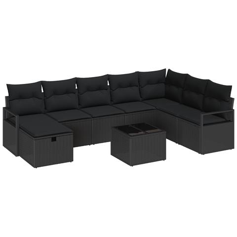 Set di Divani da Giardino a 9 Pezzi con Cuscini Rattan Polimerico Nero,  Divano da Giardino a 2 Posti con Cuscini Rattan Polimerico Nero - Foto 1