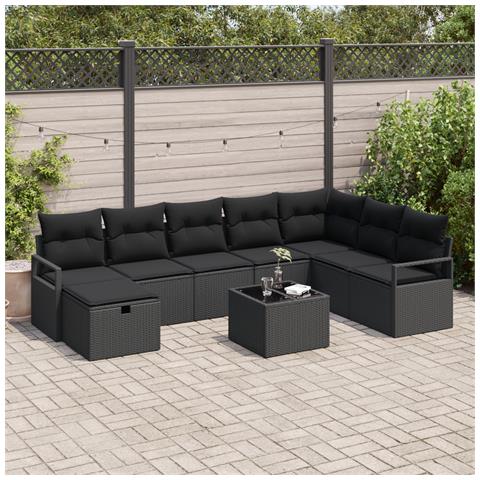 Set di Divani da Giardino a 9 Pezzi con Cuscini Rattan Polimerico Nero,  Divano da Giardino a 2 Posti con Cuscini Rattan Polimerico Nero - Foto 2