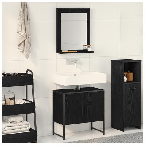 Set di mobili da bagno a 2 pezzi in legno ingegnerizzato nero e rovere - Foto 2