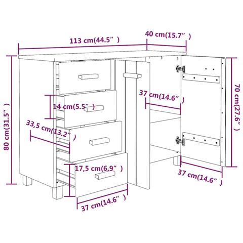 Credenza Grigio Scuro 113x40x80 Cm In Legno Massello Di Pino - Foto 9