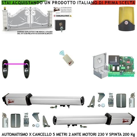 Automazione Cancello 5 Metri 2 Ante Da 2,5 Mt Kit Motori Elettromeccanici 230 V Corsa 400 Mm Spinta 2 Q.ntali Staffe R - Foto 1