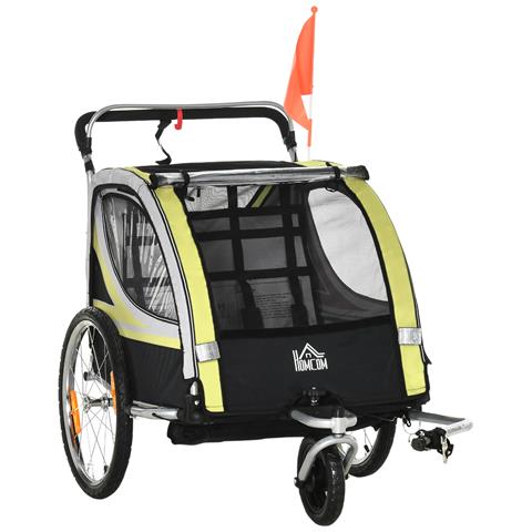 Rimorchio Bici Per Bambini Passeggino, Design 2 In 1 Con Freno, Cintura A 5 Punti E Tasche Laterali, Riflettori, 116-142lx75px101acm, Giallo - Foto 1